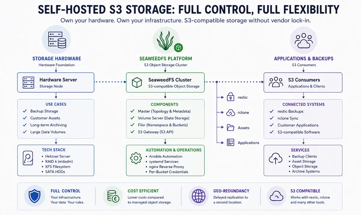 Infographic: Self-hosted S3 storage with SeaweedFS — hardware foundation (Hetzner server, RAID 6, XFS), SeaweedFS components (master, volume, filer, S3 gateway) and S3 consumers (restic, rclone, applications)